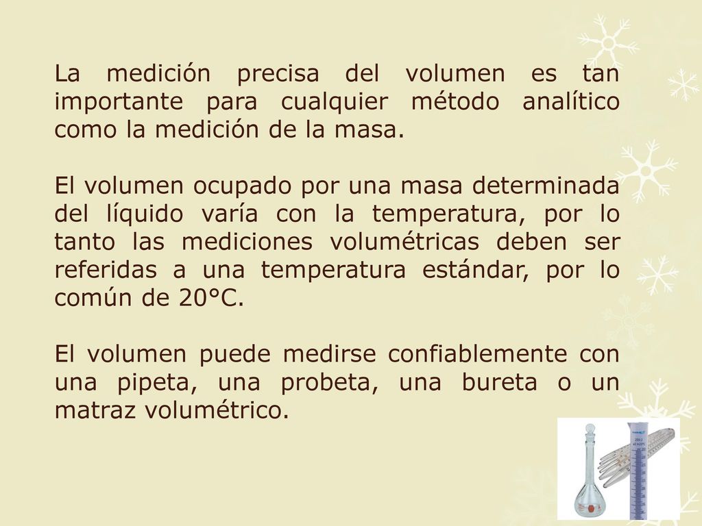 La medición precisa del volumen es tan importante para cualquier método analítico como la medición de la masa.
