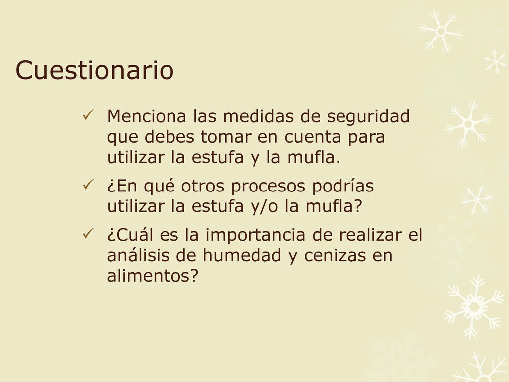 Cuestionario Menciona las medidas de seguridad que debes tomar en cuenta para utilizar la estufa y la mufla.