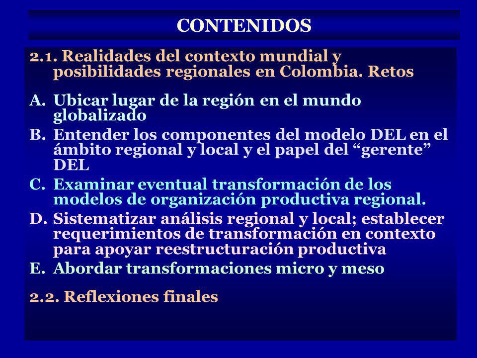 CONTENIDOS 2.1. Realidades del contexto mundial y posibilidades regionales en Colombia. Retos. Ubicar lugar de la región en el mundo globalizado.