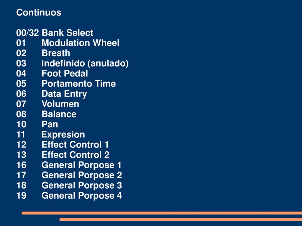 Continuos 00/32 Bank Select. 01 Modulation Wheel. 02 Breath. 03 indefinido (anulado)