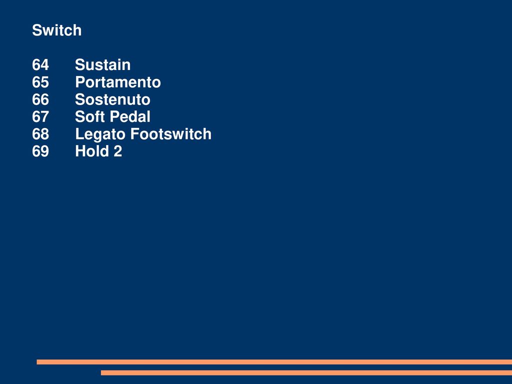 Switch 64 Sustain. 65 Portamento. 66 Sostenuto. 67 Soft Pedal. 68 Legato Footswitch.