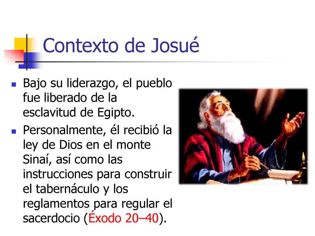 Contexto de Josué Bajo su liderazgo, el pueblo fue liberado de la esclavitud de Egipto.