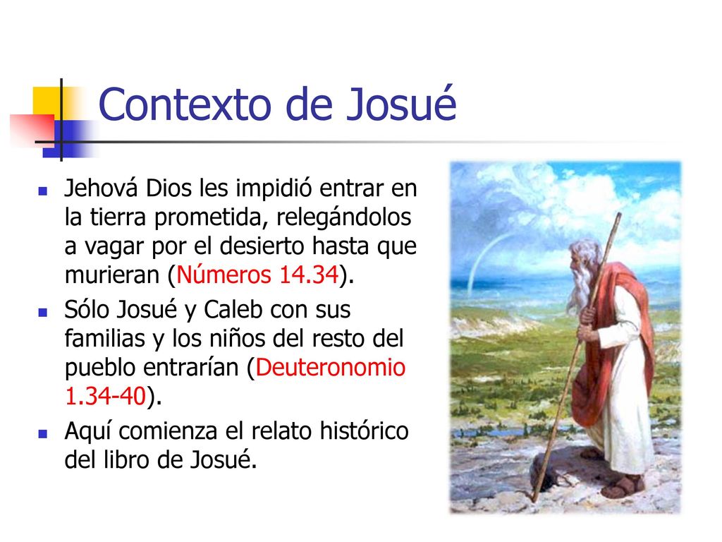 Contexto de Josué Jehová Dios les impidió entrar en la tierra prometida, relegándolos a vagar por el desierto hasta que murieran (Números 14.34).