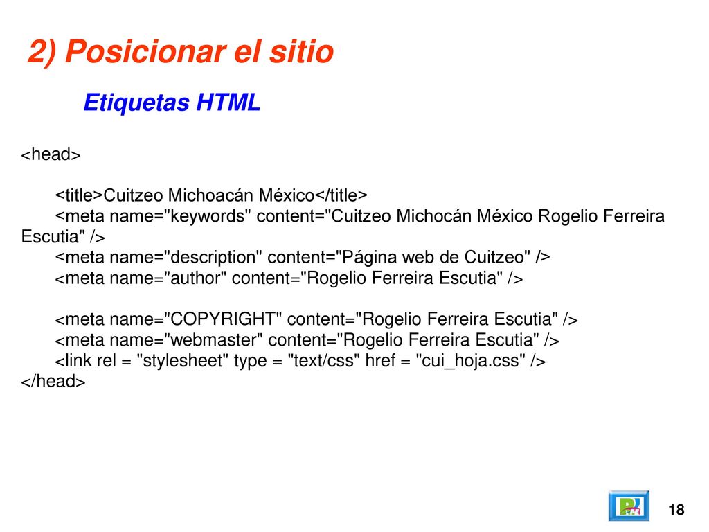 2) Posicionar el sitio Etiquetas HTML <head>