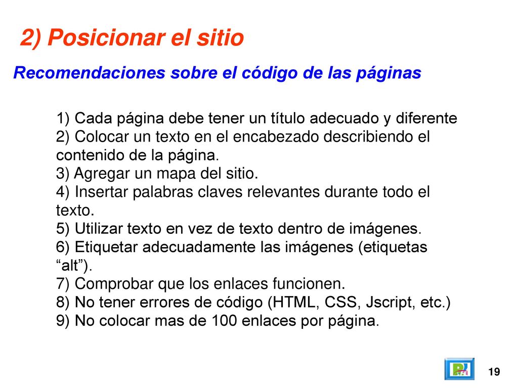 2) Posicionar el sitio Recomendaciones sobre el código de las páginas