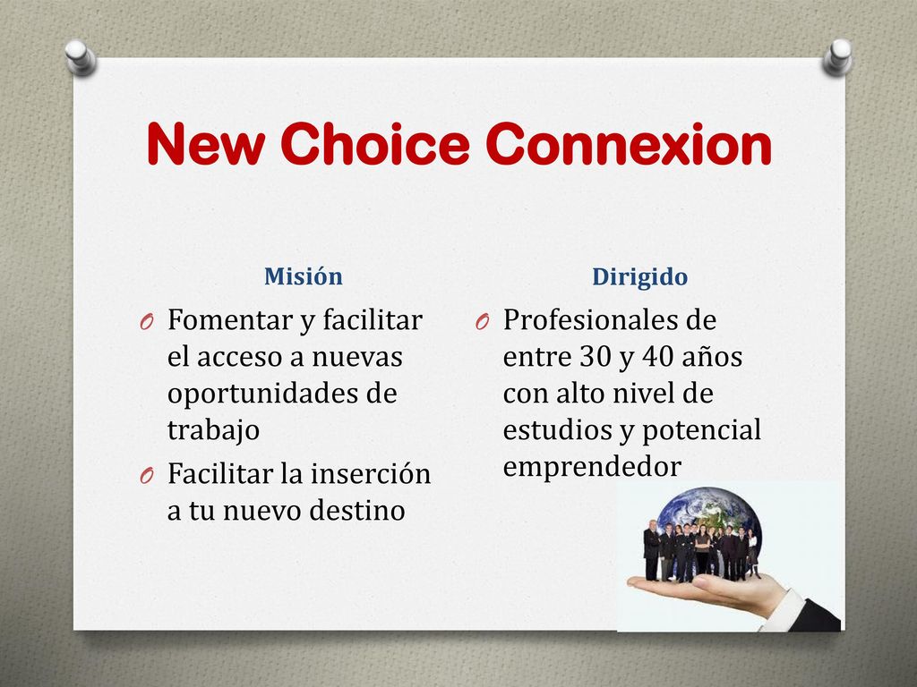 New Choice Connexion Misión. Dirigido. Fomentar y facilitar el acceso a nuevas oportunidades de trabajo.