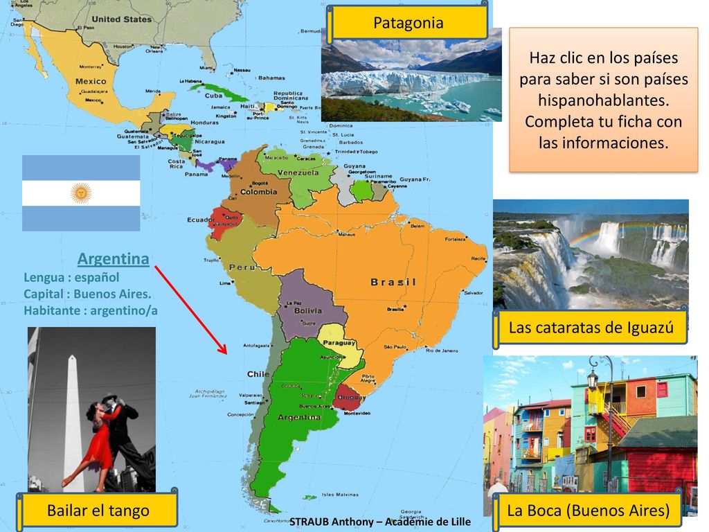Haz clic en los países para saber si son países hispanohablantes.