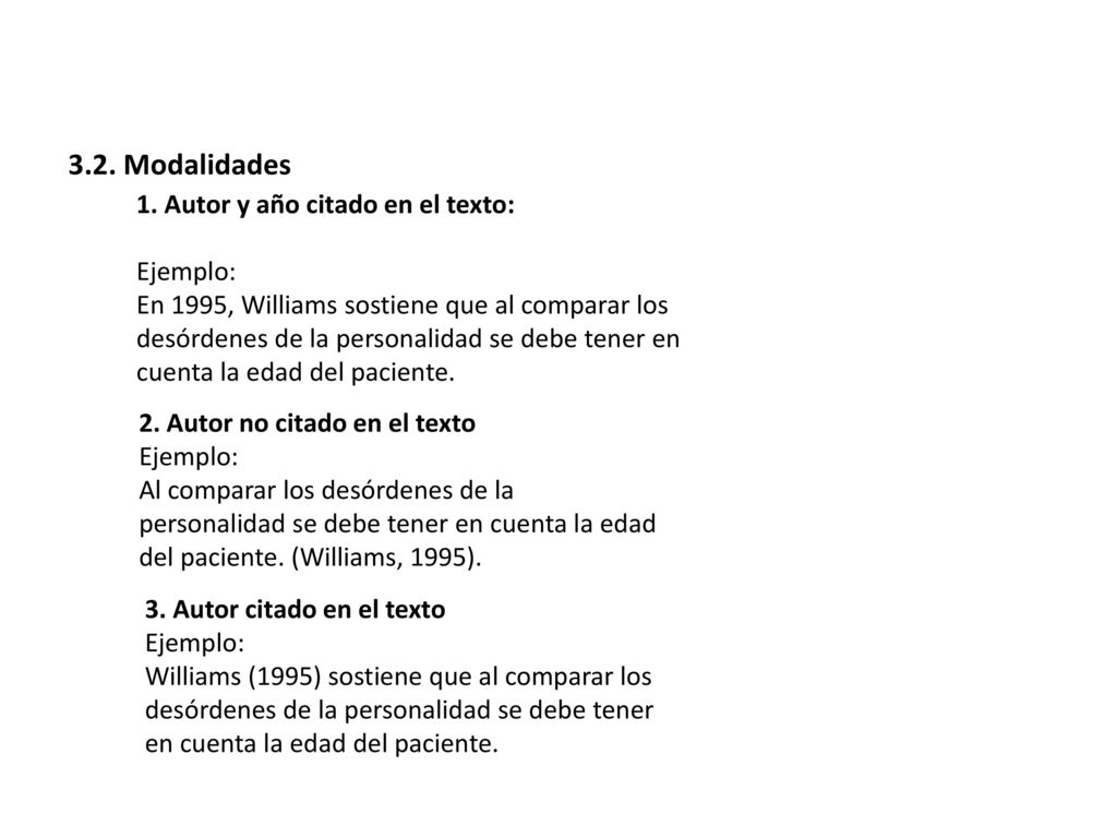3.2. Modalidades 1. Autor y año citado en el texto: Ejemplo:
