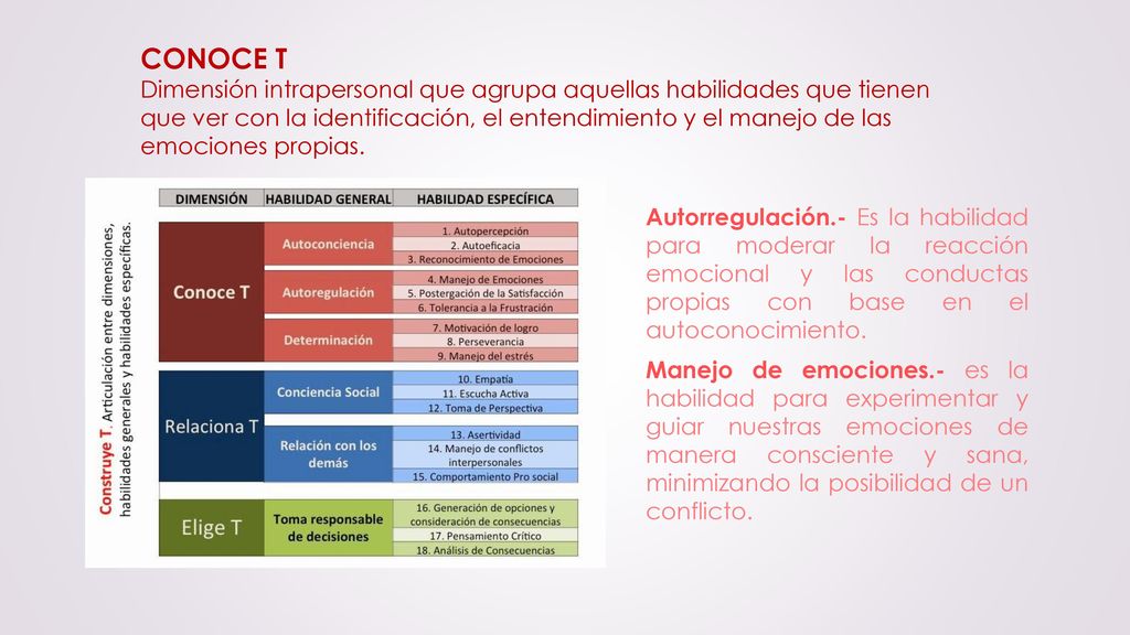CONOCE T Dimensión intrapersonal que agrupa aquellas habilidades que tienen que ver con la identificación, el entendimiento y el manejo de las emociones propias.