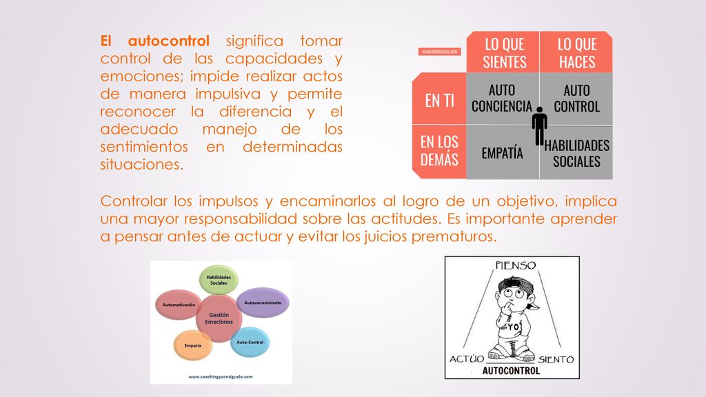 El autocontrol significa tomar control de las capacidades y emociones; impide realizar actos de manera impulsiva y permite reconocer la diferencia y el adecuado manejo de los sentimientos en determinadas situaciones.