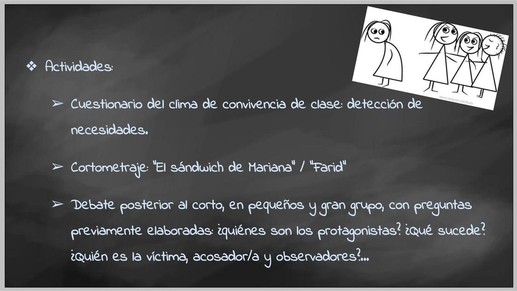 Actividades: Cuestionario del clima de convivencia de clase: detección de necesidades. Cortometraje: El sándwich de Mariana / Farid