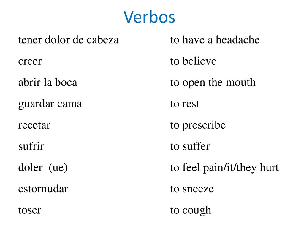 Verbos tener dolor de cabeza to have a headache creer to believe