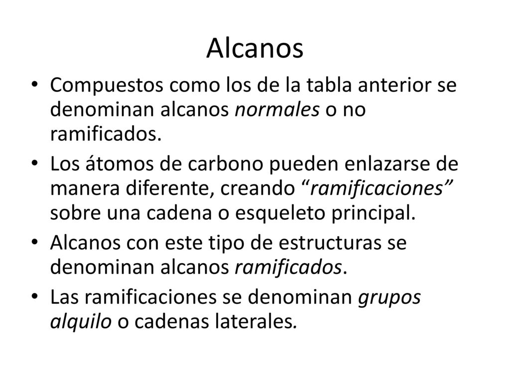 Alcanos Compuestos como los de la tabla anterior se denominan alcanos normales o no ramificados.