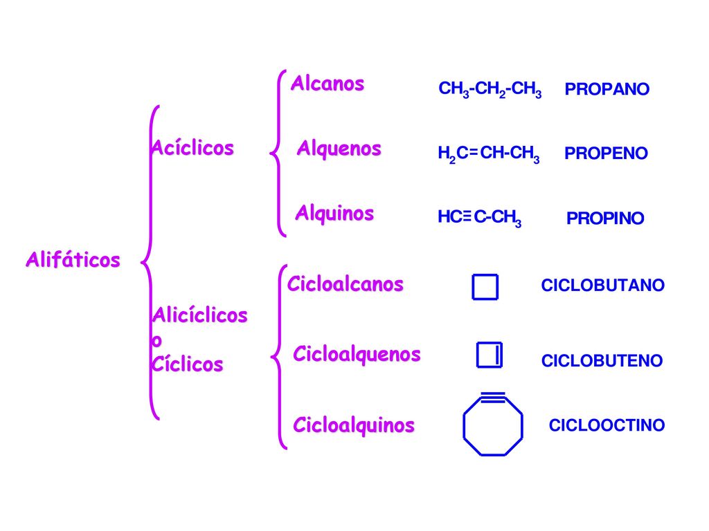 Alcanos Acíclicos. Alicíclicos o Cíclicos. Alquenos. Alquinos. Alifáticos. Cicloalcanos. Cicloalquenos.