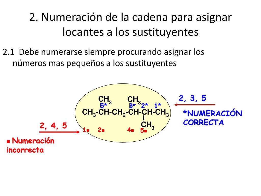 2. Numeración de la cadena para asignar locantes a los sustituyentes