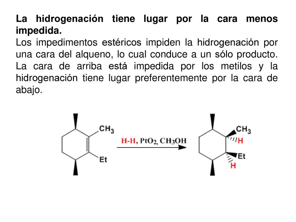 La hidrogenación tiene lugar por la cara menos impedida.