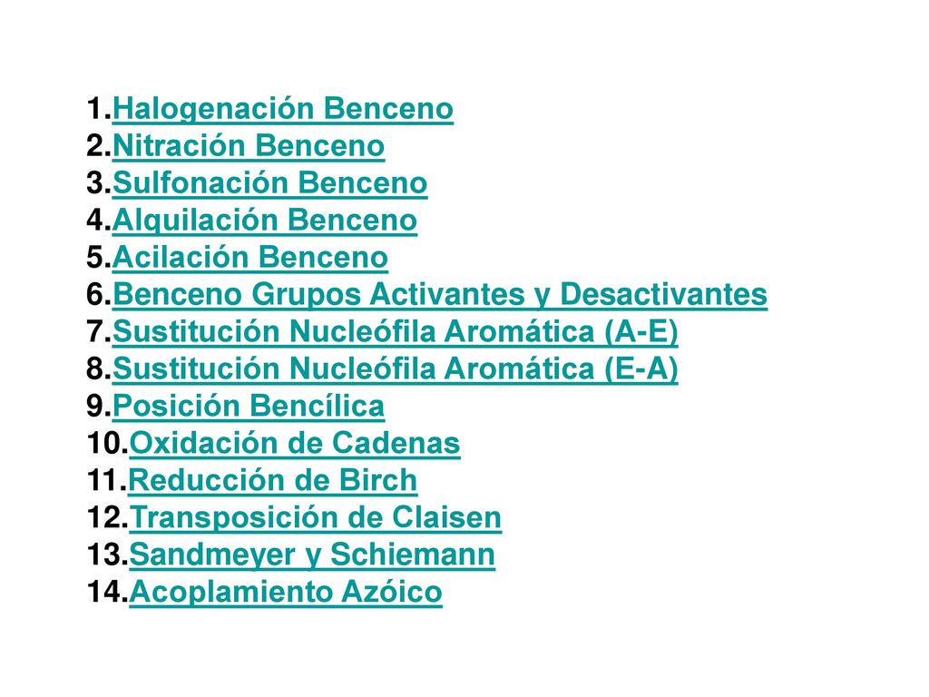 1.Halogenación Benceno 2.Nitración Benceno. 3.Sulfonación Benceno. 4.Alquilación Benceno. 5.Acilación Benceno.