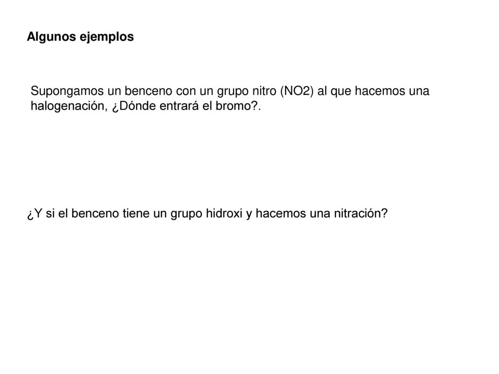 Algunos ejemplos Supongamos un benceno con un grupo nitro (NO2) al que hacemos una halogenación, ¿Dónde entrará el bromo .