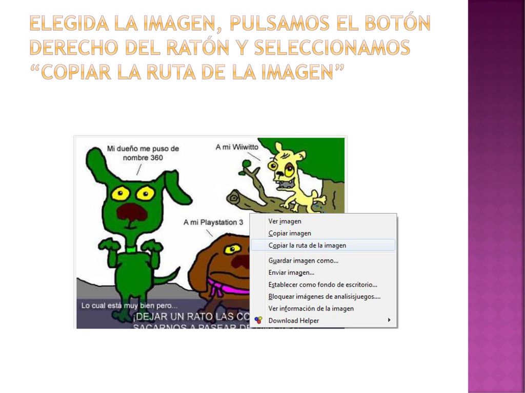 elegida la imagen, pulsamos el botón derecho del ratón y seleccionamos copiar la ruta de la imagen