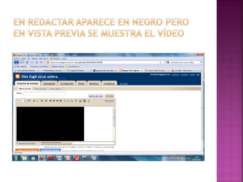 En redactar aparece en negro pero en vista previa se muestra el vídeo