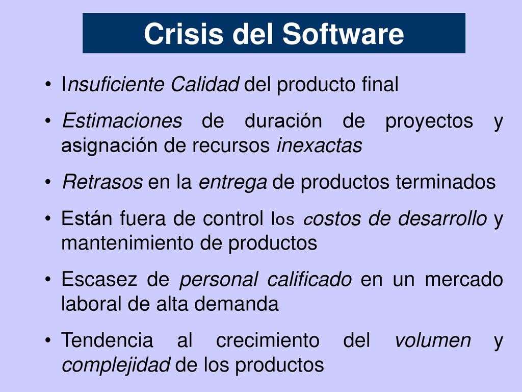 Crisis del Software Insuficiente Calidad del producto final