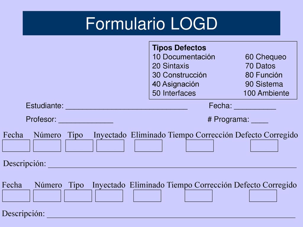 Formulario LOGD Tipos Defectos. 10 Documentación 60 Chequeo. 20 Sintaxis 70 Datos.