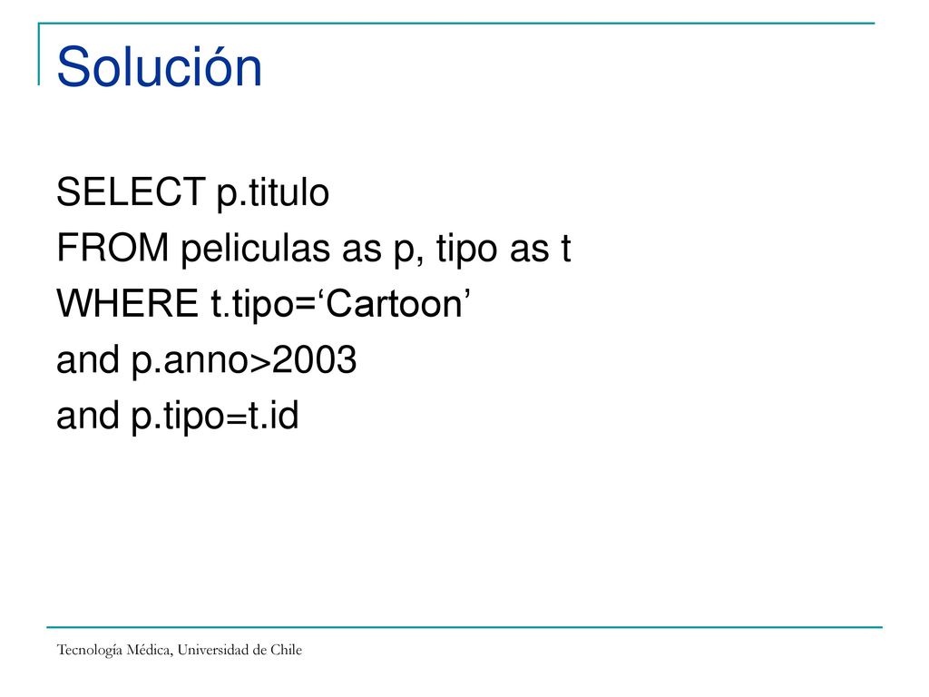 Solución SELECT p.titulo FROM peliculas as p, tipo as t