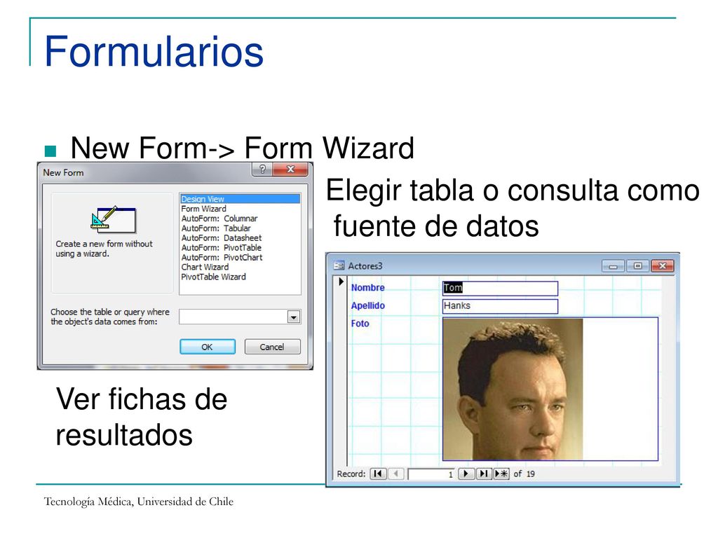 Formularios New Form-> Form Wizard Elegir tabla o consulta como