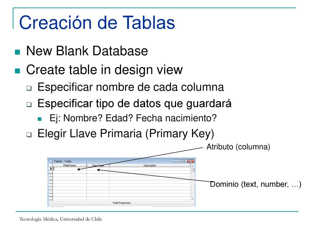 Creación de Tablas New Blank Database Create table in design view