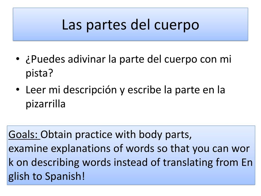 Las partes del cuerpo ¿Puedes adivinar la parte del cuerpo con mi pista Leer mi descripción y escribe la parte en la pizarrilla.