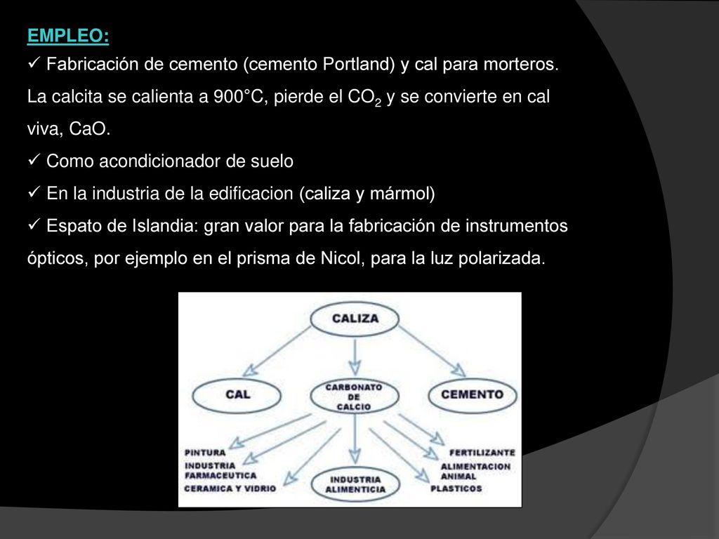 EMPLEO: Fabricación de cemento (cemento Portland) y cal para morteros. La calcita se calienta a 900°C, pierde el CO2 y se convierte en cal viva, CaO.