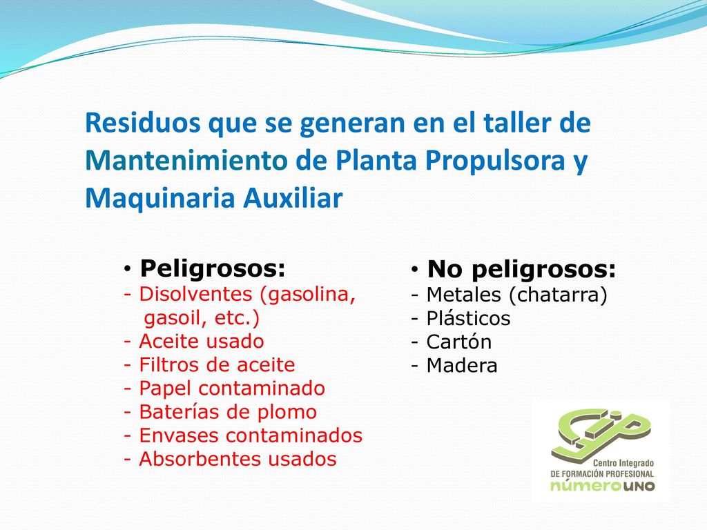 Residuos que se generan en el taller de Mantenimiento de Planta Propulsora y Maquinaria Auxiliar