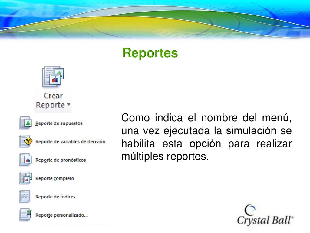 Reportes Como indica el nombre del menú, una vez ejecutada la simulación se habilita esta opción para realizar múltiples reportes.
