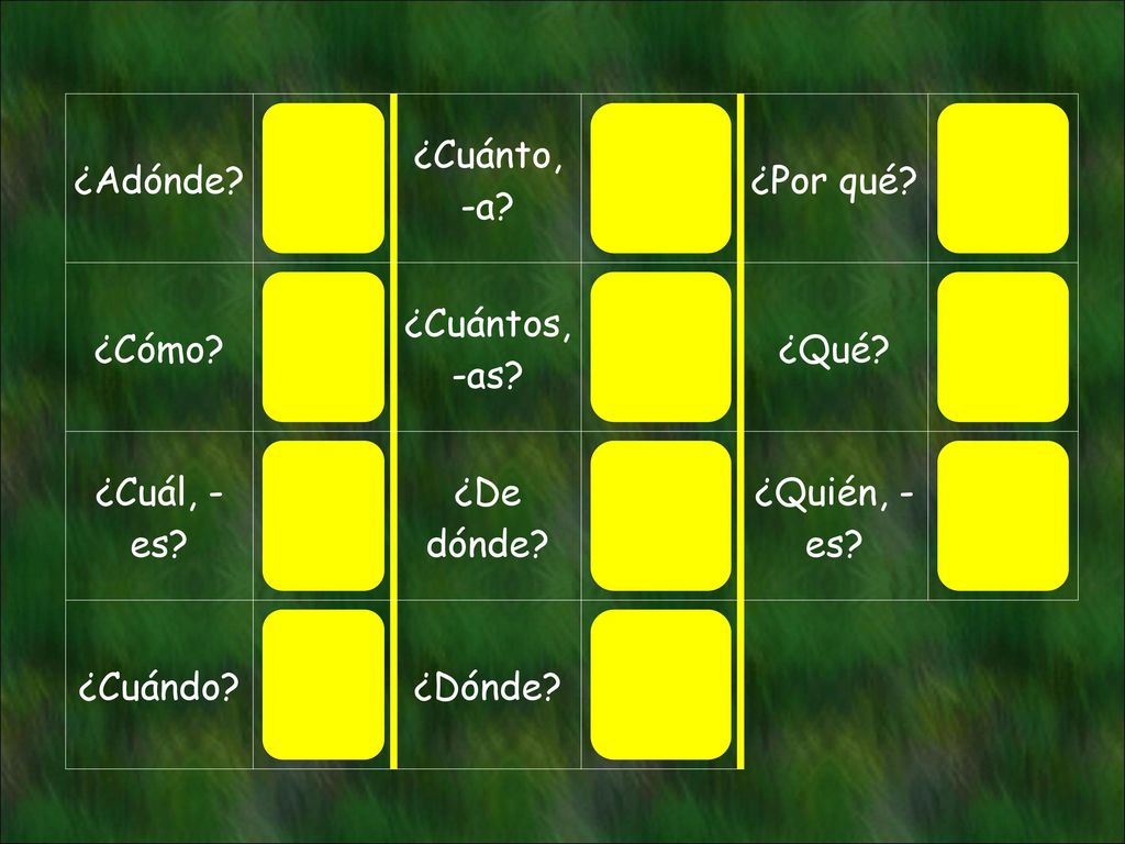 ¿Adónde to where. ¿Cuánto, -a how much. ¿Por qué why. ¿Cómo how, what. ¿Cuántos, -as how many.