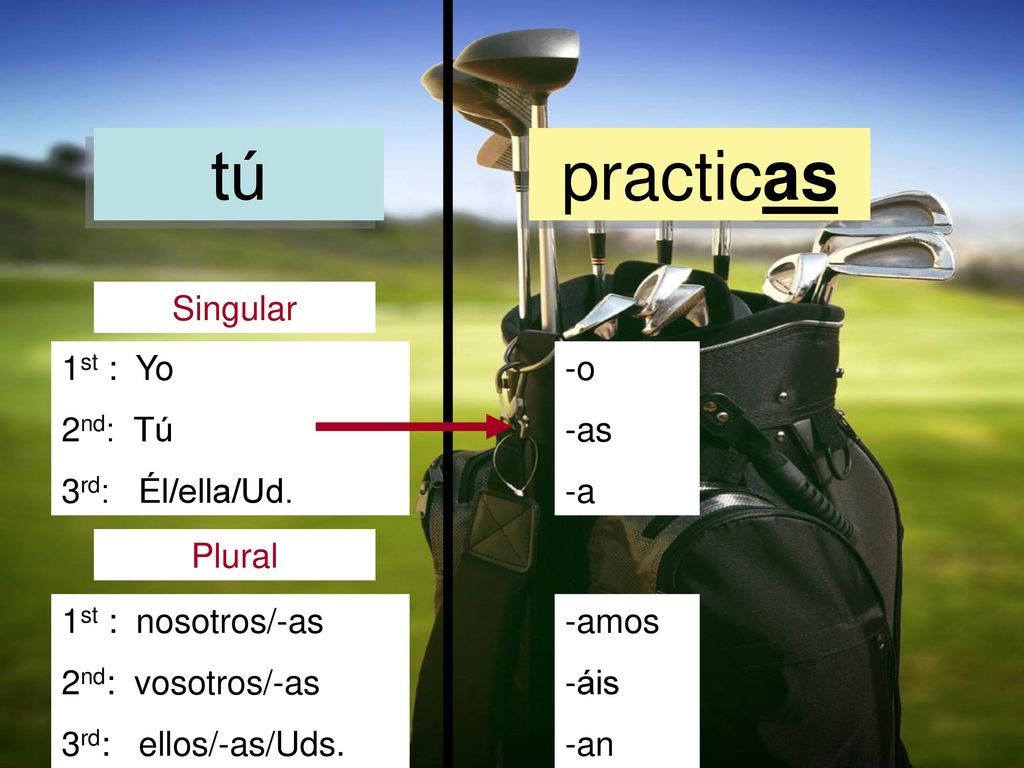 tú practicas Singular 1st : Yo 2nd: Tú 3rd: Él/ella/Ud. -o -as -a