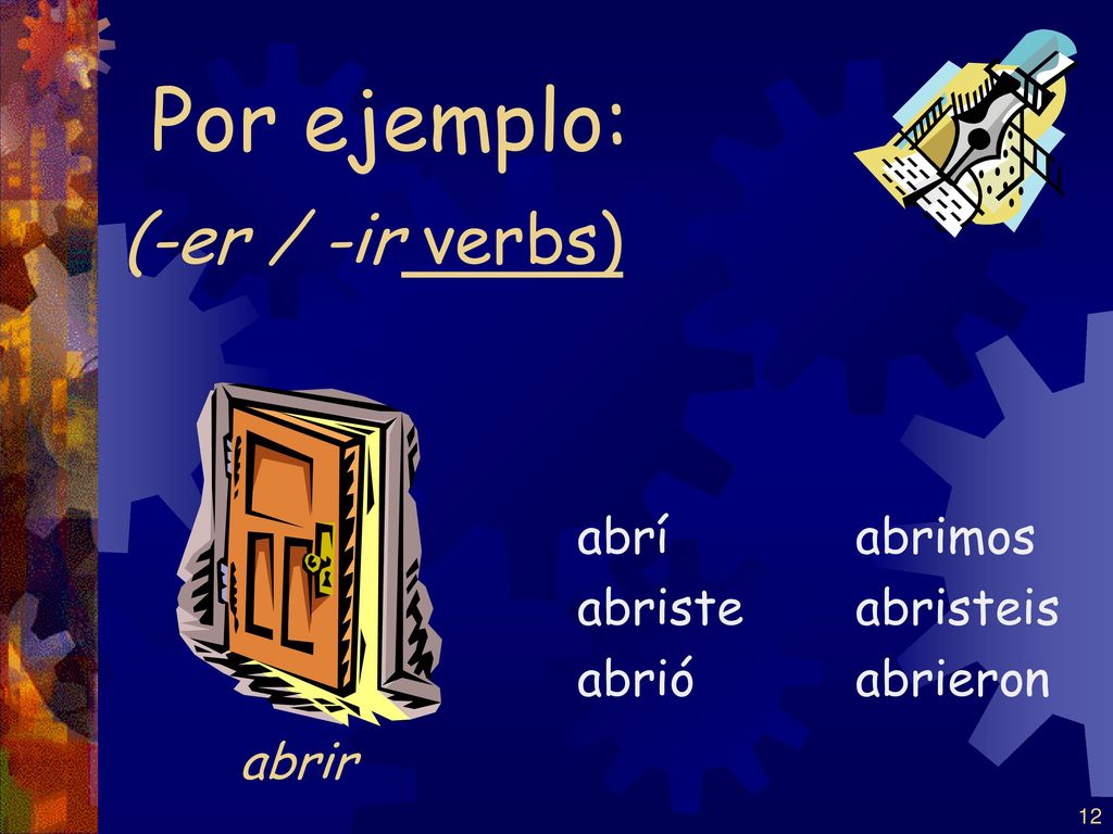 Por ejemplo: (-er / -ir verbs) abrir abrí abriste abrió abrimos