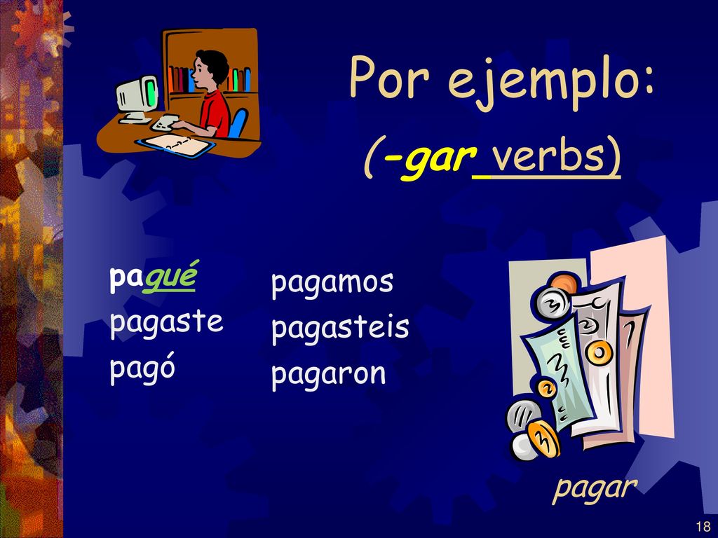 Por ejemplo: (-gar verbs) pagué pagamos pagaste pagasteis pagó pagaron