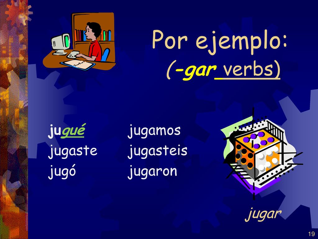 Por ejemplo: (-gar verbs) jugar jugué jugaste jugó jugamos jugasteis