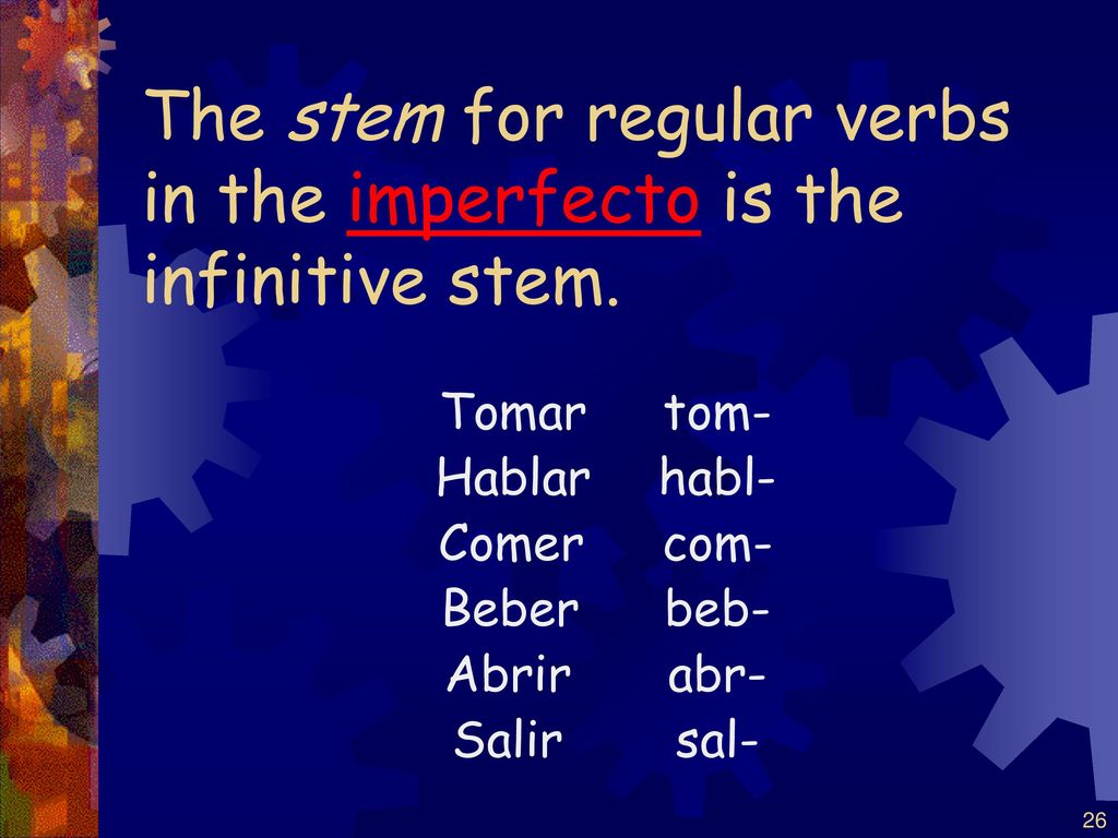 The stem for regular verbs in the imperfecto is the infinitive stem.