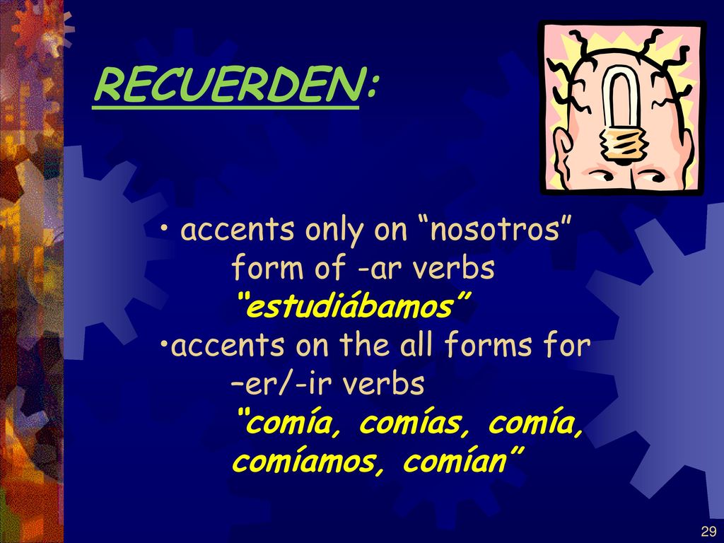 RECUERDEN: accents only on nosotros form of -ar verbs estudiábamos
