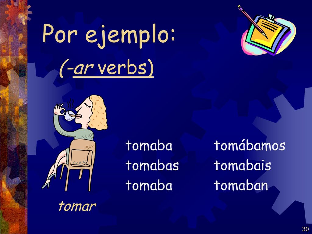 Por ejemplo: (-ar verbs) tomar tomaba tomabas tomábamos tomabais