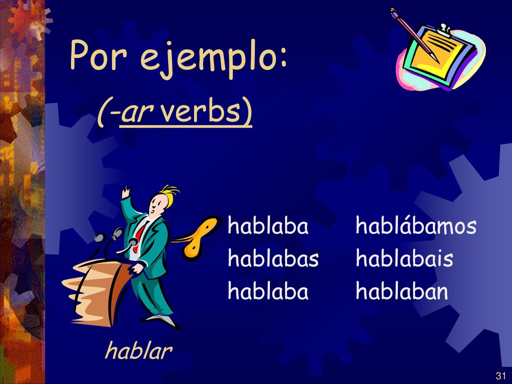 Por ejemplo: (-ar verbs) hablar hablaba hablabas hablábamos hablabais