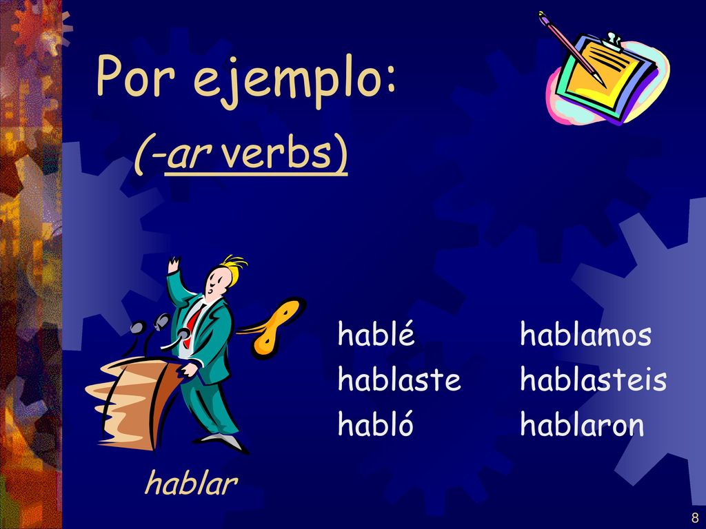 Por ejemplo: (-ar verbs) hablar hablé hablaste habló hablamos