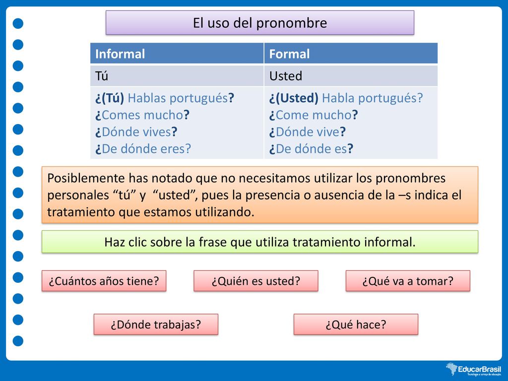 Haz clic sobre la frase que utiliza tratamiento informal.