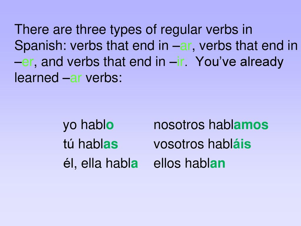 There are three types of regular verbs in Spanish: verbs that end in –ar, verbs that end in –er, and verbs that end in –ir. You’ve already learned –ar verbs: