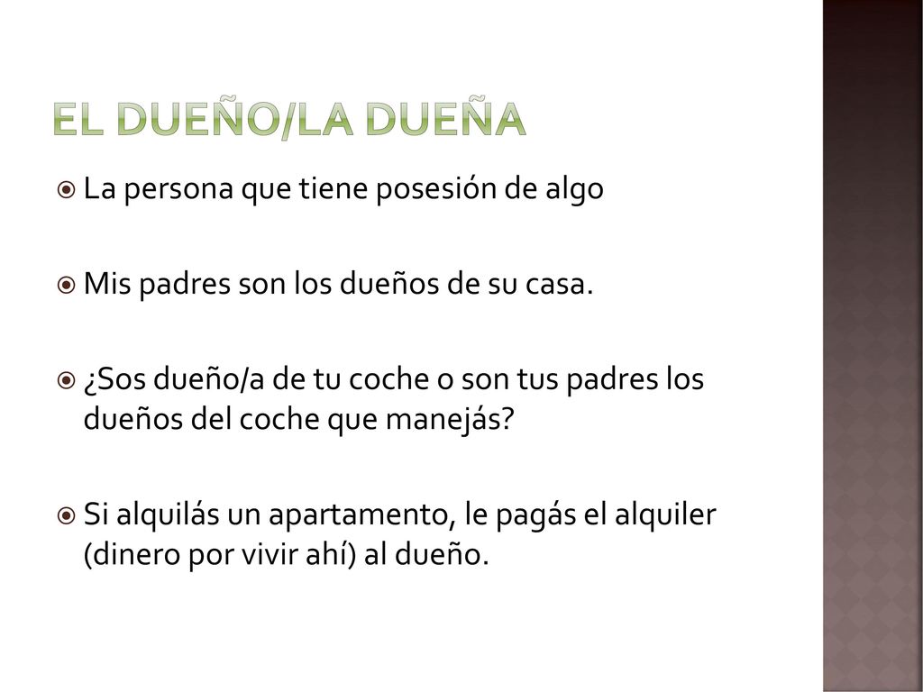 El dueño/La dueña La persona que tiene posesión de algo