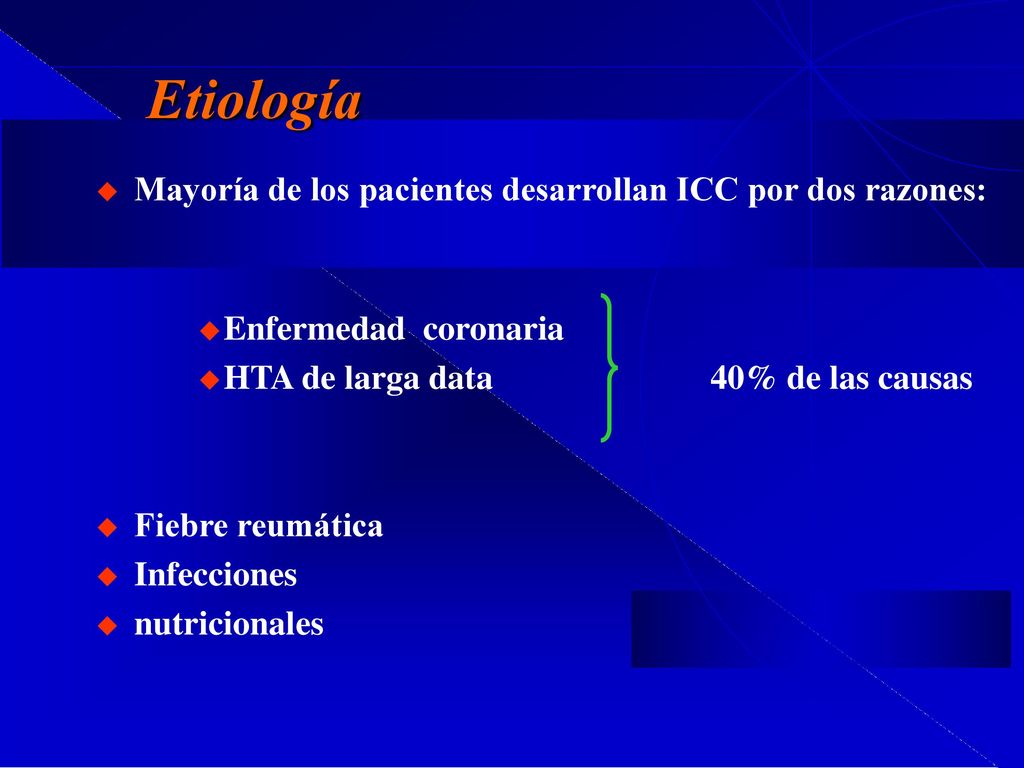 Etiología Mayoría de los pacientes desarrollan ICC por dos razones: