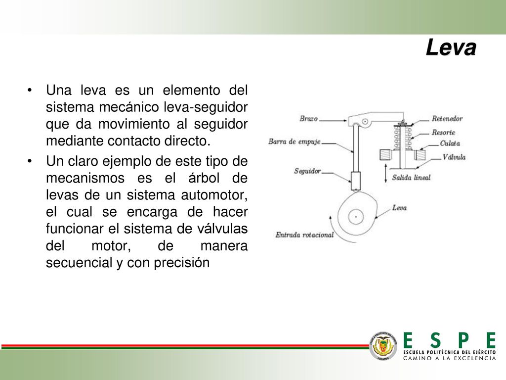 Leva Una leva es un elemento del sistema mecánico leva-seguidor que da movimiento al seguidor mediante contacto directo.