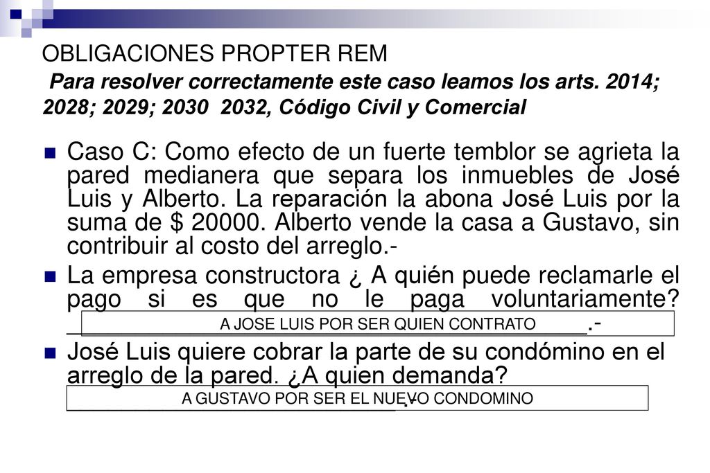 OBLIGACIONES PROPTER REM Para resolver correctamente este caso leamos los arts. 2014; 2028; 2029; , Código Civil y Comercial