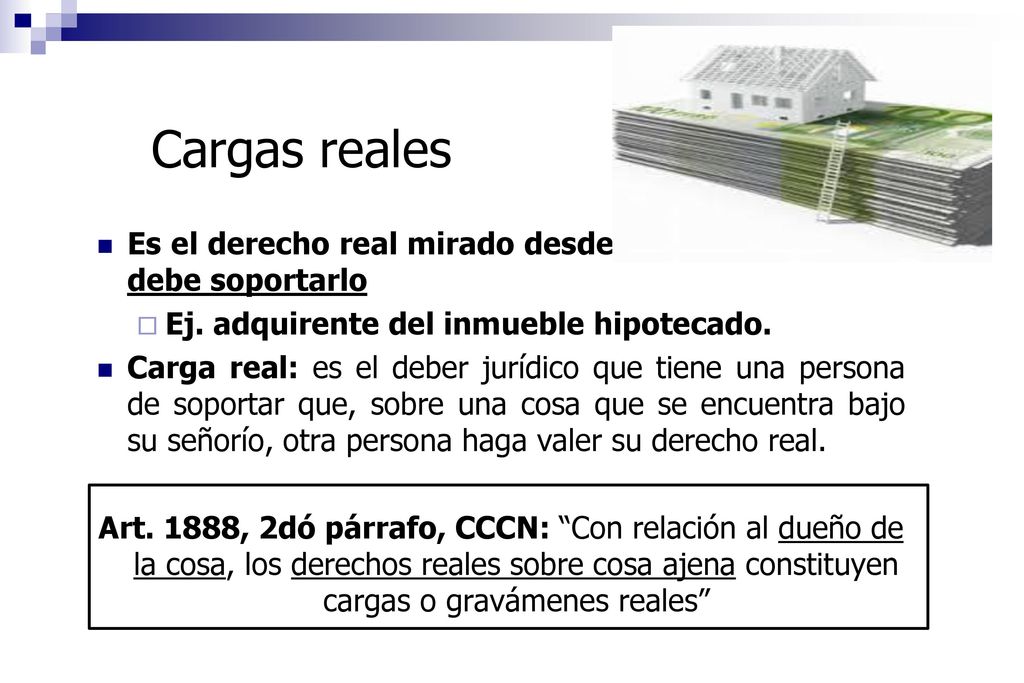 Cargas reales Es el derecho real mirado desde el ángulo de quien debe soportarlo. Ej. adquirente del inmueble hipotecado.